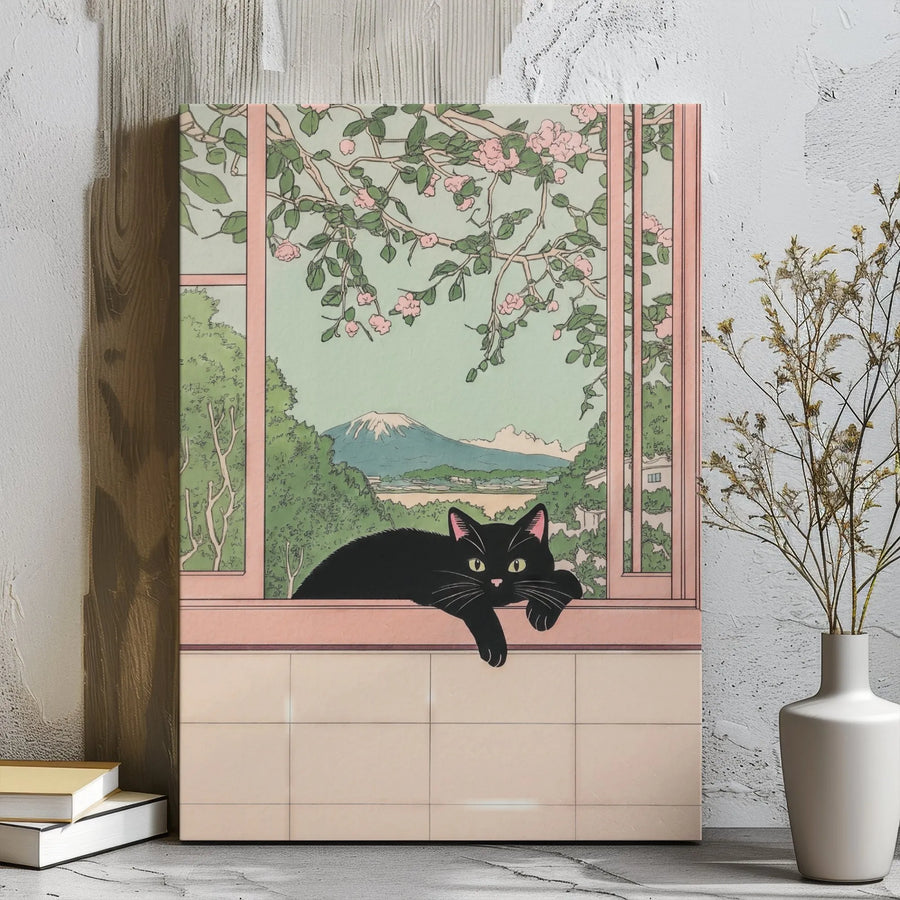 Japanese Black Cat Canvas Art | Mount Fuji Ukiyo-e Window View | Premium 1.25" Gallery Wrap | Cat Lover Gift & Home Wall Decor