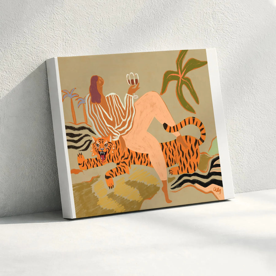 Woman Riding Tiger Wall Art | Abstract Bohemian Jungle Illustration | Premium Gallery Wrapped Canvas | Gift for Her Eclectic Home Decor