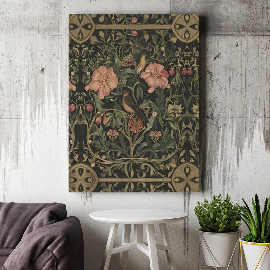 Arts and Crafts Floral Canvas Art | Vintage Bird and Pink Flower Botanical Print | Gallery Quality 1.25 Inch Thick Wrap | Elegant Home Decor Gift