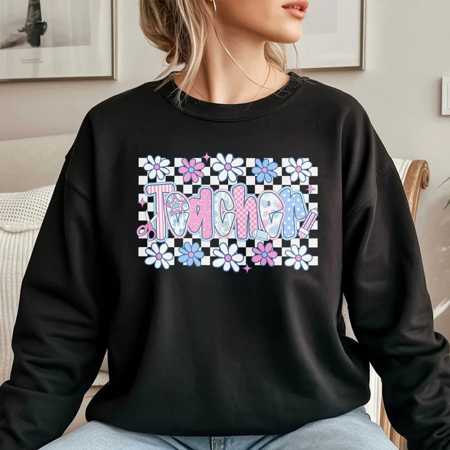 Coquette Teacher Sweatshirt | Cute Pastel Floral Graphic | Soft Cotton Blend | Preppy Back to School Gift for Teachers