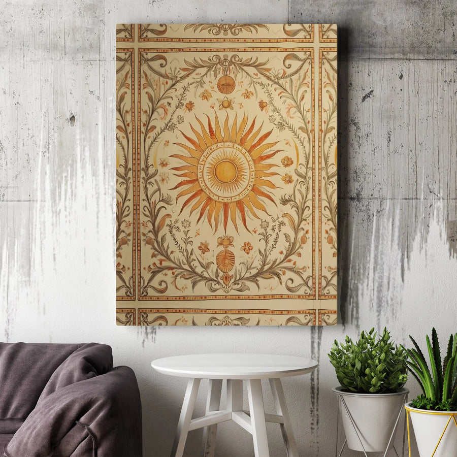 Vintage Sun Wall Art Canvas Print | Celestial Sun with Antique Botanical Border | Premium High-Resolution Print | Collector's Gift for Home Decor