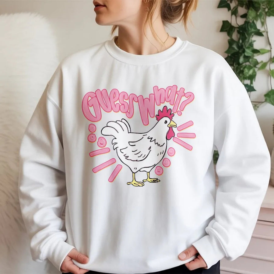 Funny Chicken Sweatshirt | Guess What Chicken Butt Joke Graphic | Soft Cotton Blend Unisex Jumper | Gift for Chicken Lover