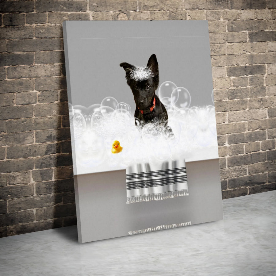 Black Puppy Bubble Bath Canvas | Cute Dog with Rubber Ducky Art | Premium 1.25 Inch Gallery Wrap | Nursery & Bathroom Wall Decor Gift