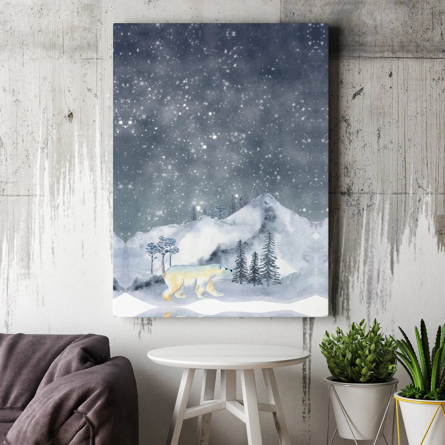 Polar Bear Wall Art | Snowy Mountain Night Watercolor Canvas | Gallery Wrapped Premium Print | Winter Nature Home Decor Gift