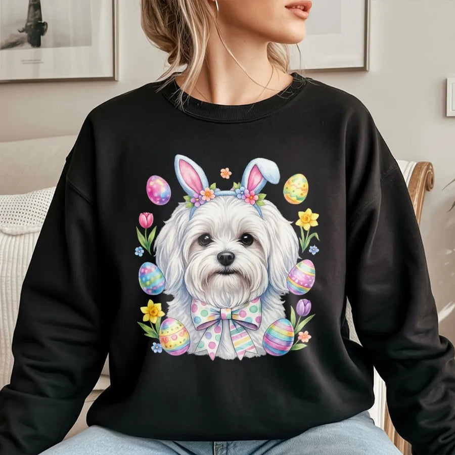 Easter Dog Sweatshirt | Cute Maltese Bunny Ears Floral Print | Premium Cotton Blend | Spring Dog Mom Gift Idea