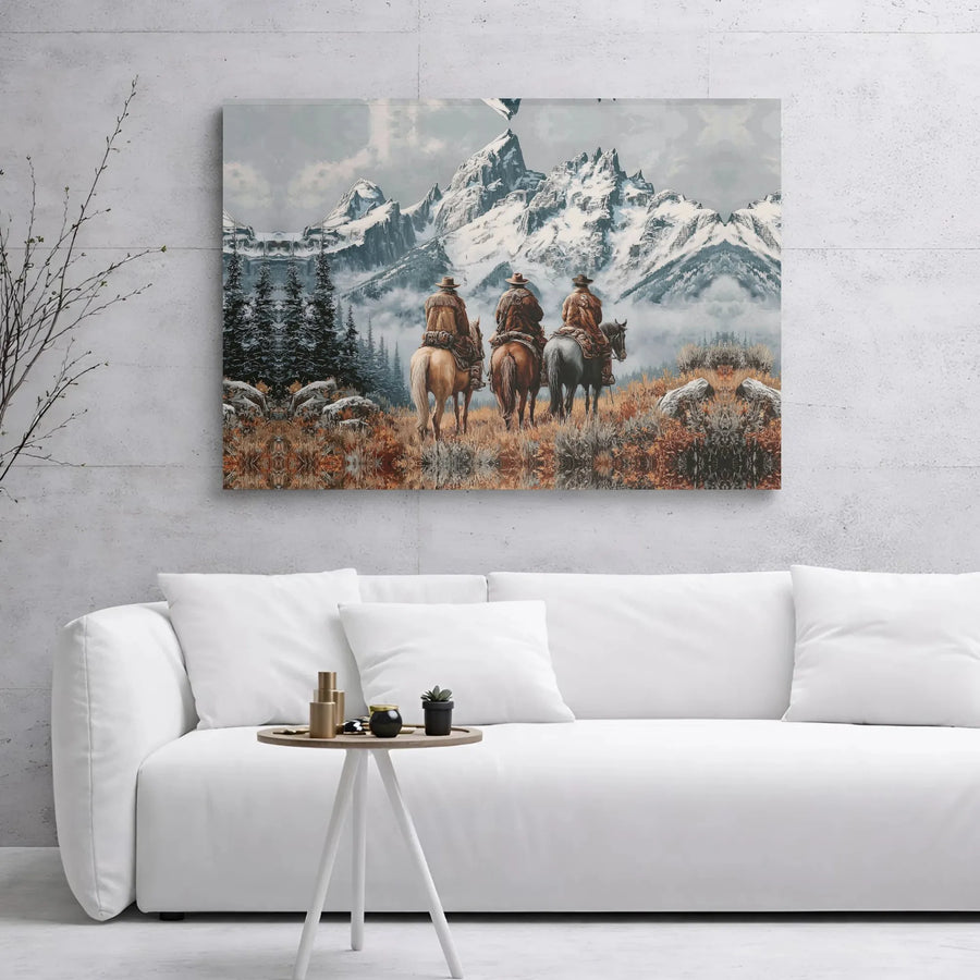 Western Cowboy Wall Art | Three Horsemen Snowy Mountains Print | Premium Gallery Wrapped Canvas | Rustic Home Decor Gift for Him