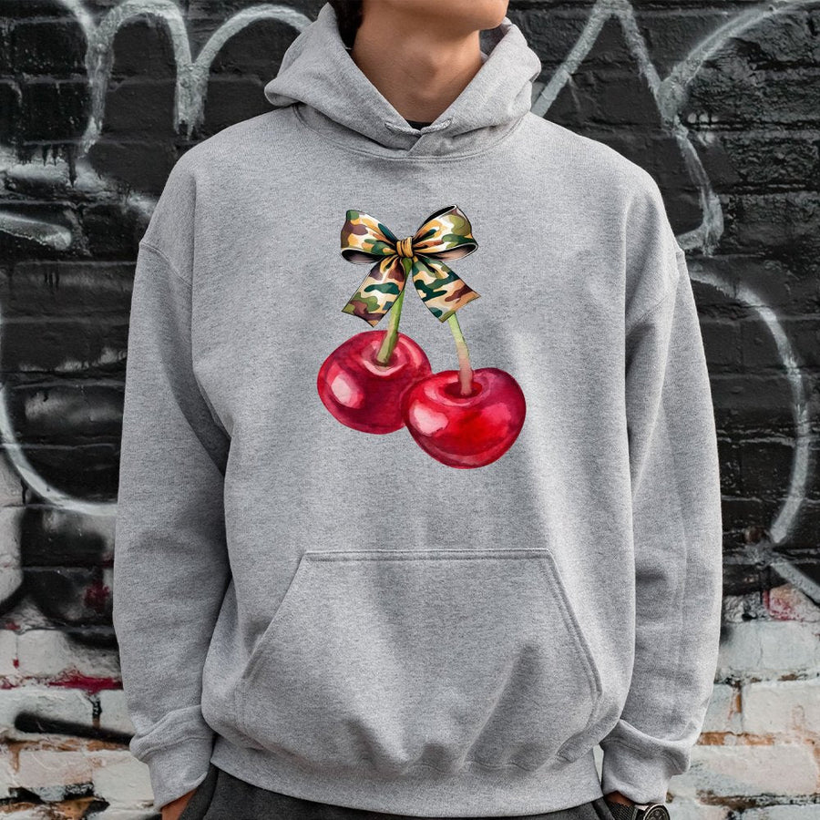 Cherry Camo Bow Hoodie | Watercolor Fruit Graphic Print | Premium Cotton-Blend Fleece | Coquette Aesthetic Gift for Her