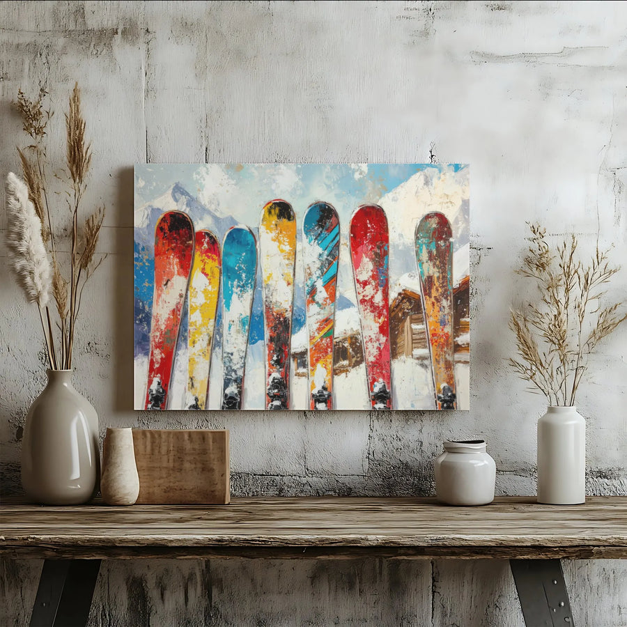 Skiing Wall Art Canvas | Colorful Abstract Mountain Lodge Painting | Gallery Quality 1.25" Profile | Winter Sports Gift For Ski Lovers