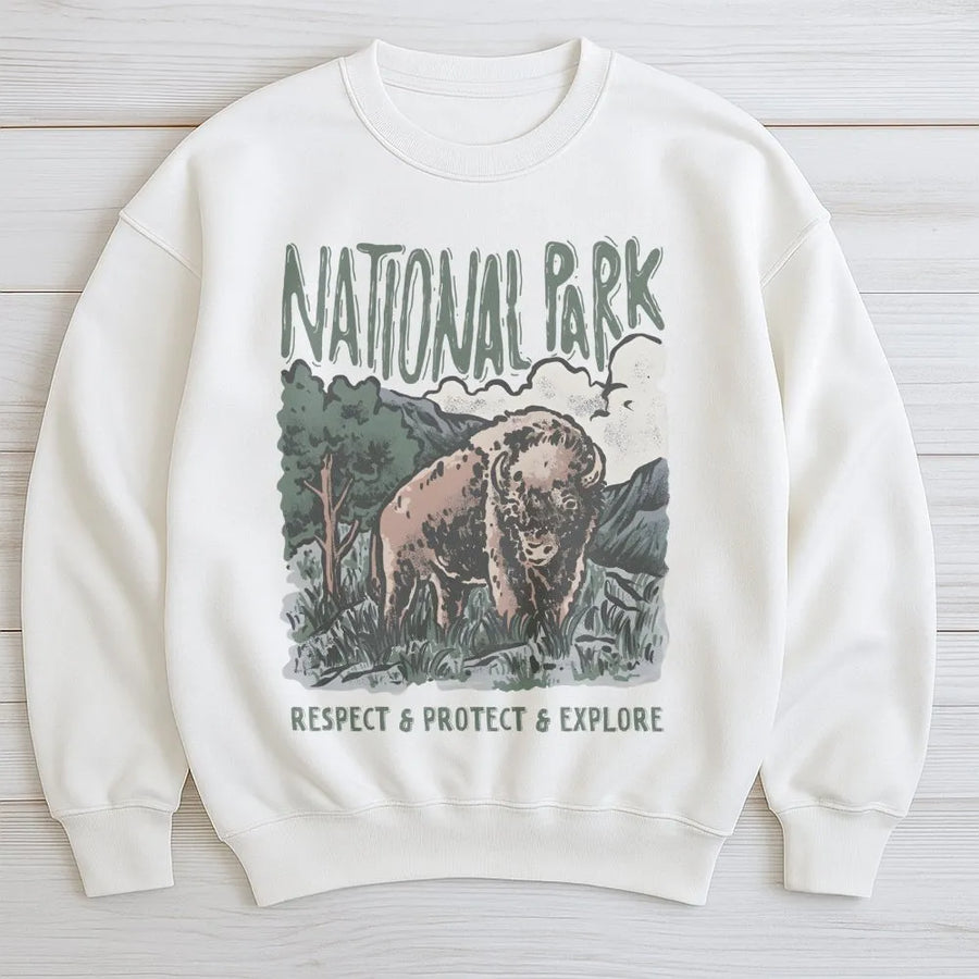 Bison National Park Sweatshirt | Vintage Graphic Nature Design | Premium Cotton Blend | Unisex Adventure Gift for Hikers and Nature Lovers