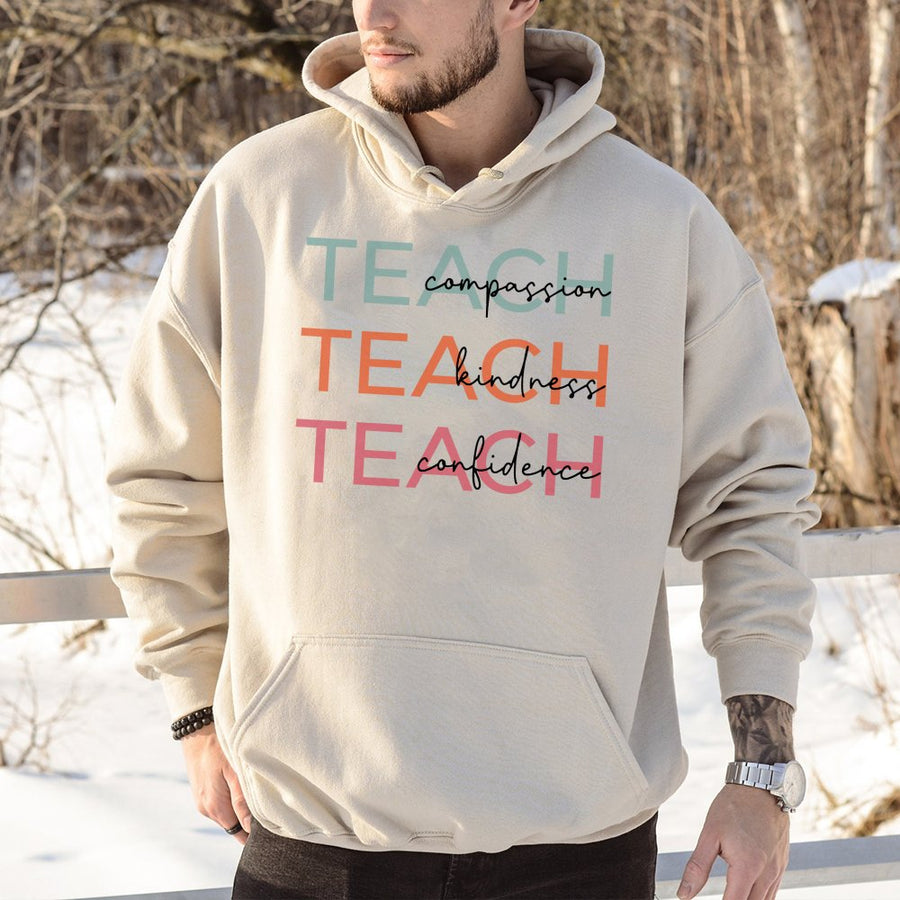 Teach Compassion Kindness Confidence Hoodie | Retro Teacher Appreciation Quote | Premium Cotton Blend | Gift for Educators and Teachers