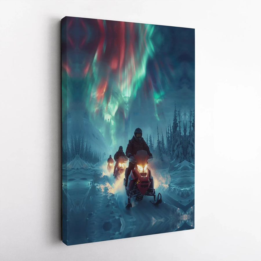 Snowmobile Canvas Wall Art | Northern Lights Aurora Borealis Decor | 1.25 Inch Gallery Wrap | Gift for Snowmobiler and Winter Sports Lover