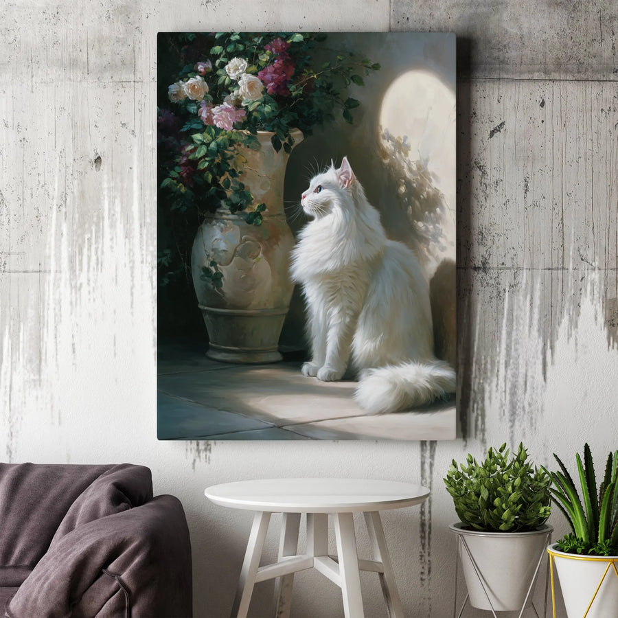 White Cat Canvas Wall Art | Elegant Floral Painting Print | Premium Gallery Wrap Decor | Gift for Cat Lover