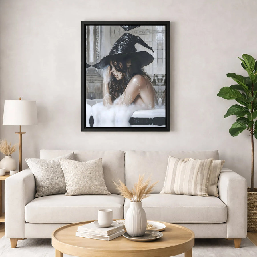 Gothic Witch Bathing Canvas Art | Whimsical Bathroom Wall Decor | Premium 1.25 Inch Gallery Wrap | Spooky Halloween Home Gift