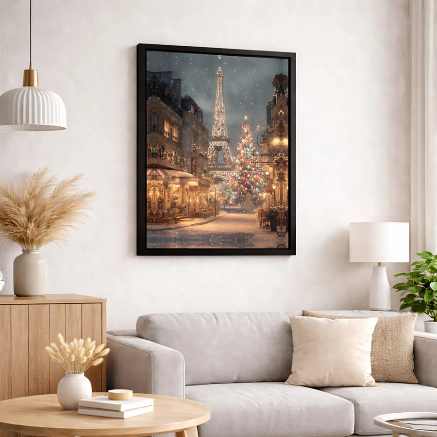 Paris Christmas Canvas Wall Art | Eiffel Tower Winter Snow Scene | Premium Gallery Wrap Print | Festive Holiday Home Decor Gift