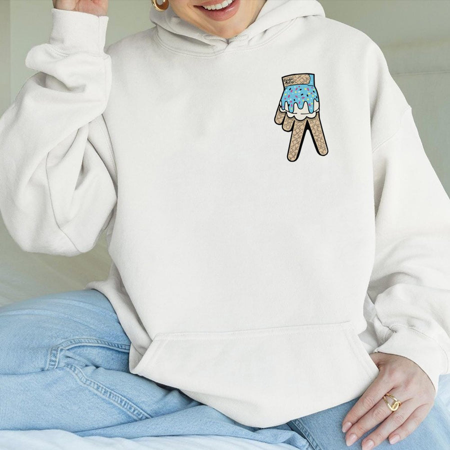 Drippy Hand Gesture Hoodie | Ice Cream Cone Glove Graphic | Premium Cotton Blend | Unisex Y2K Aesthetic Streetwear Gift