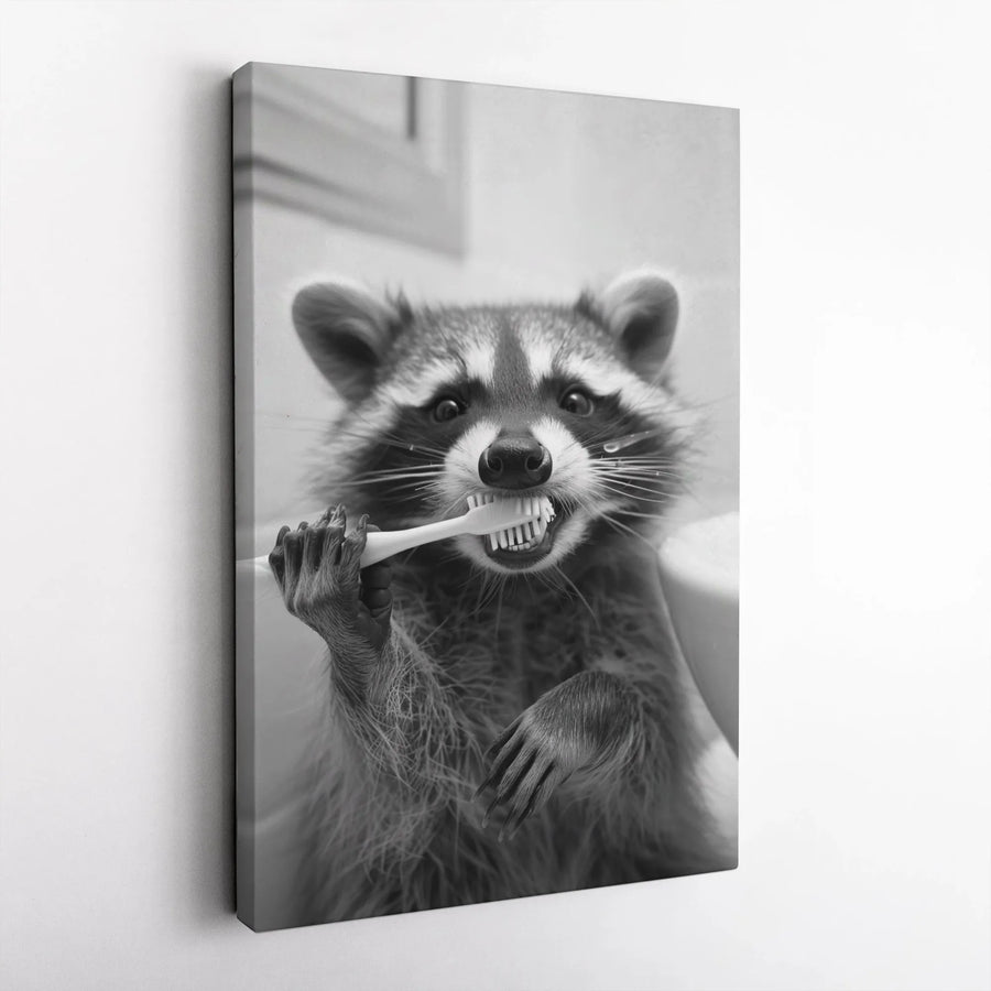 Funny Raccoon Bathroom Wall Art | Cute Animal Brushing Teeth Print | Premium Gallery Wrapped Canvas | Whimsical Home Decor Gift
