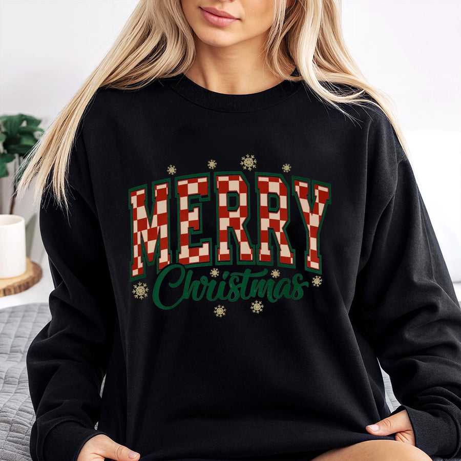 Merry Christmas Sweatshirt | Red Checkerboard Varsity Lettering | Cotton Blend Cozy Holiday Apparel | Cute Winter Gift for Her