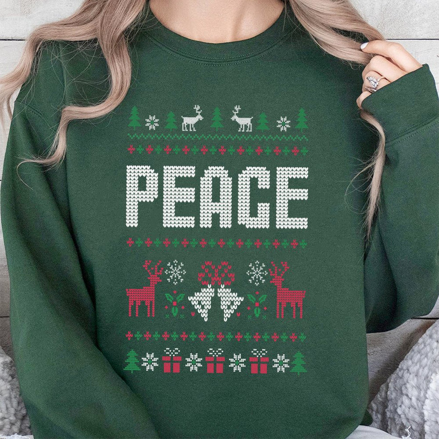 Peace Ugly Christmas Sweatshirt | Festive Reindeer Pattern | Soft Cotton Polyester Blend | Holiday Gift For Men And Women