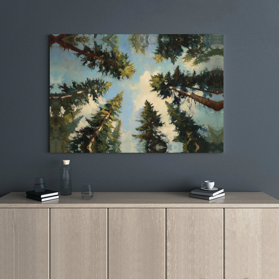 Pine Forest Canopy Canvas Art | Looking Up Into Treetops Nature Print | 1.25 Inch Gallery Wrap Premium Decor | Calming Woodland Gift For Home Office