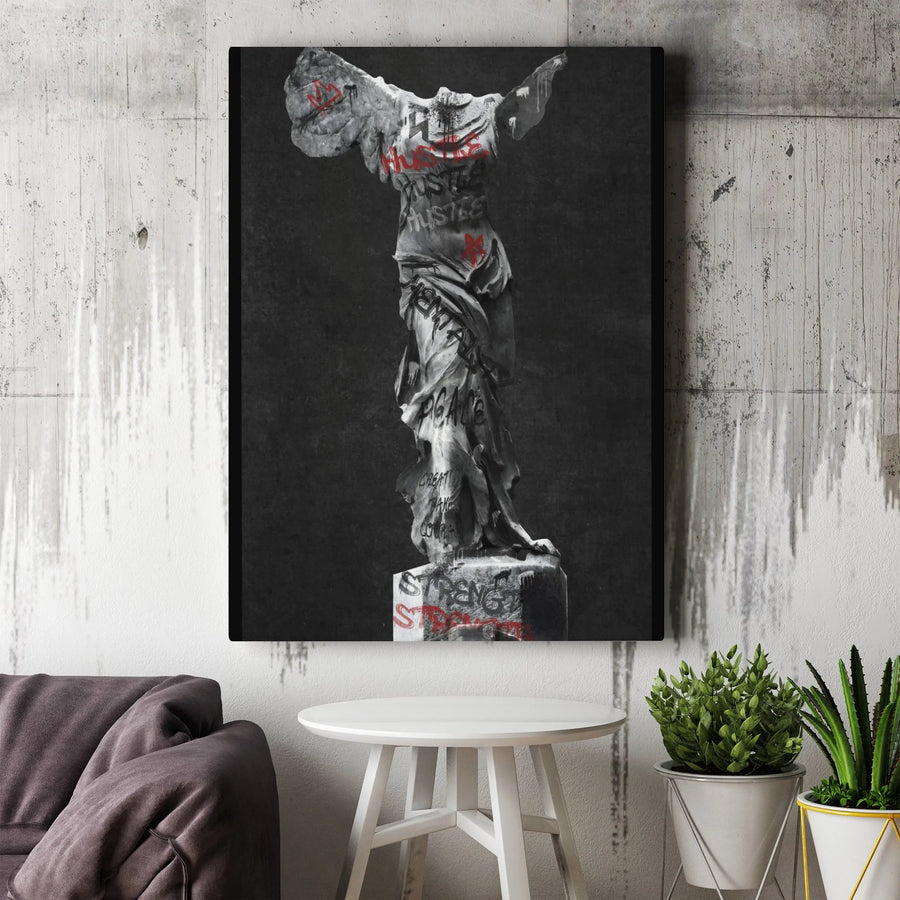 Winged Victory of Samothrace Canvas Art | Hustle Graffiti Statue Print | Premium 1.25" Gallery Wrap | Modern Motivational Office Decor
