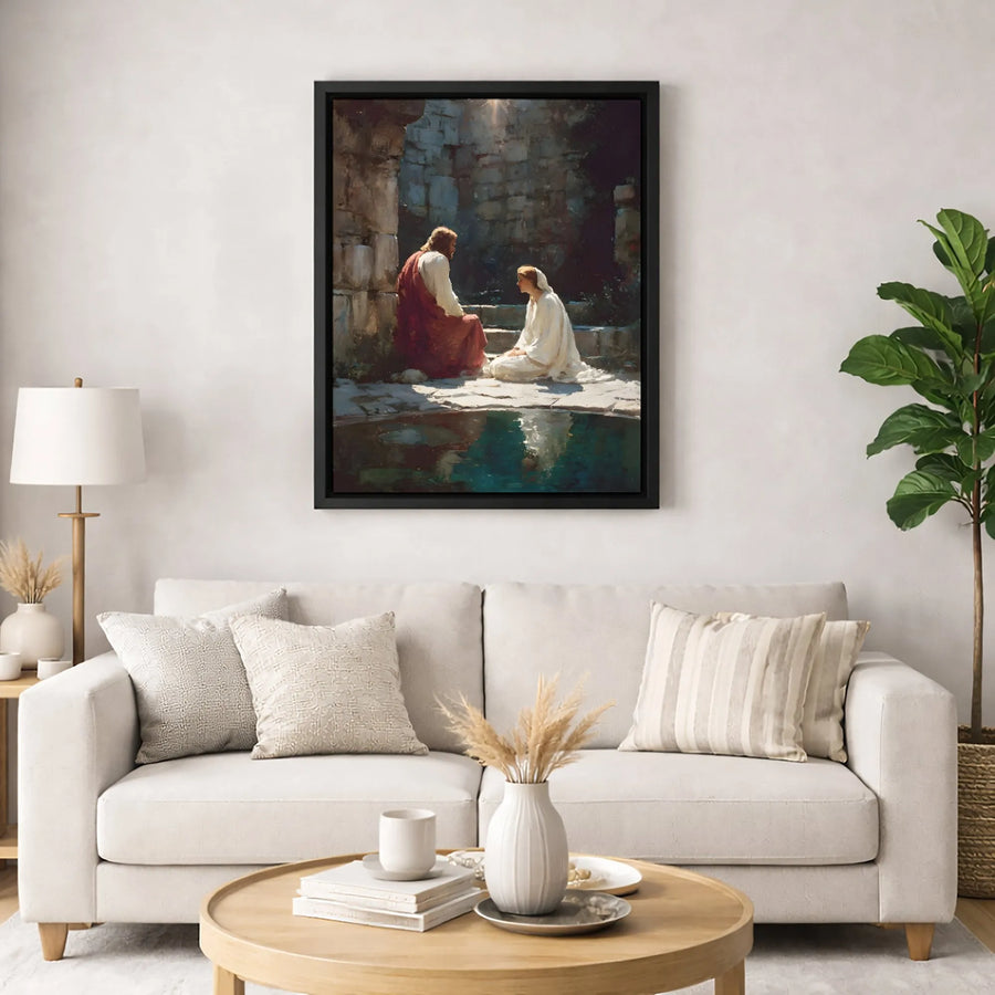 Jesus and the Samaritan Woman at the Well Wall Art | Fine Art Religious Oil Painting Print | Gallery Quality 1.25-inch Canvas | Inspirational Christian Gift