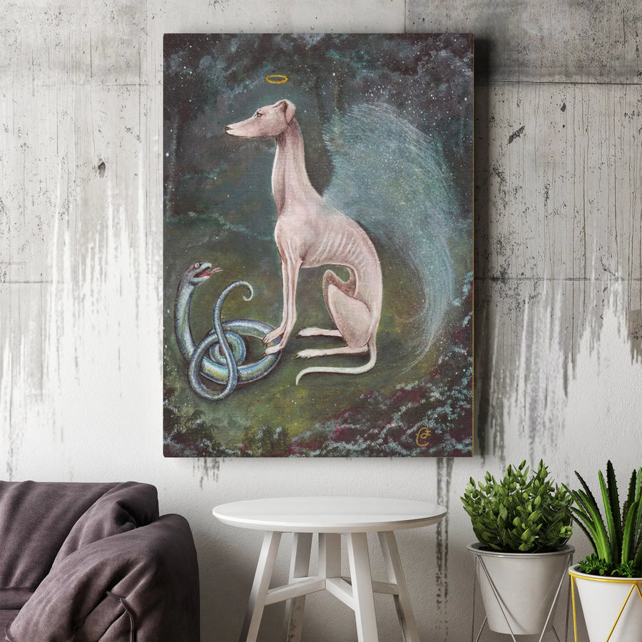Saint Guinefort Canvas Print | Holy Greyhound with Halo & Snake Wall Art | Premium Gallery Wrapped Canvas | Unique Religious Folk Art Decor Gift