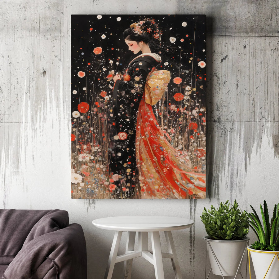 Japanese Woman Kimono Wall Art | Elegant Floral Garden Canvas | Premium Fade-Resistant Print | Zen Home Decor Gift for Her