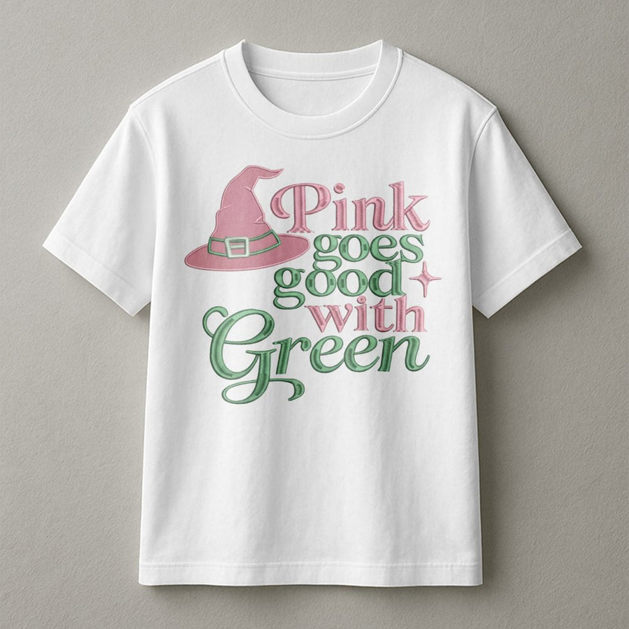 Pink Goes Good With Green T-Shirt | Witch Hat Faux Embroidery Design | Premium Soft Cotton Tee | Musical Theatre Fan Gift Idea