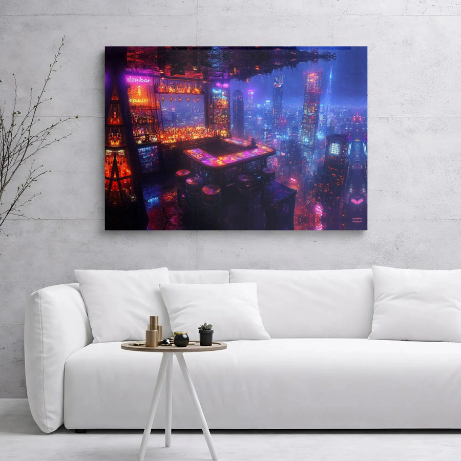 Cyberpunk Cityscape Canvas Art | Futuristic Neon Nightlife Bar Wall Decor | Premium 1.25" Gallery Wrap | Industrial Sci-Fi Gift for Gamers
