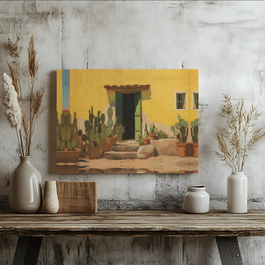 Southwestern Adobe House Canvas Art | Mediterranean Yellow Home with Cacti Print | Premium Gallery-Wrapped Wall Decor | Desert Landscape Gift