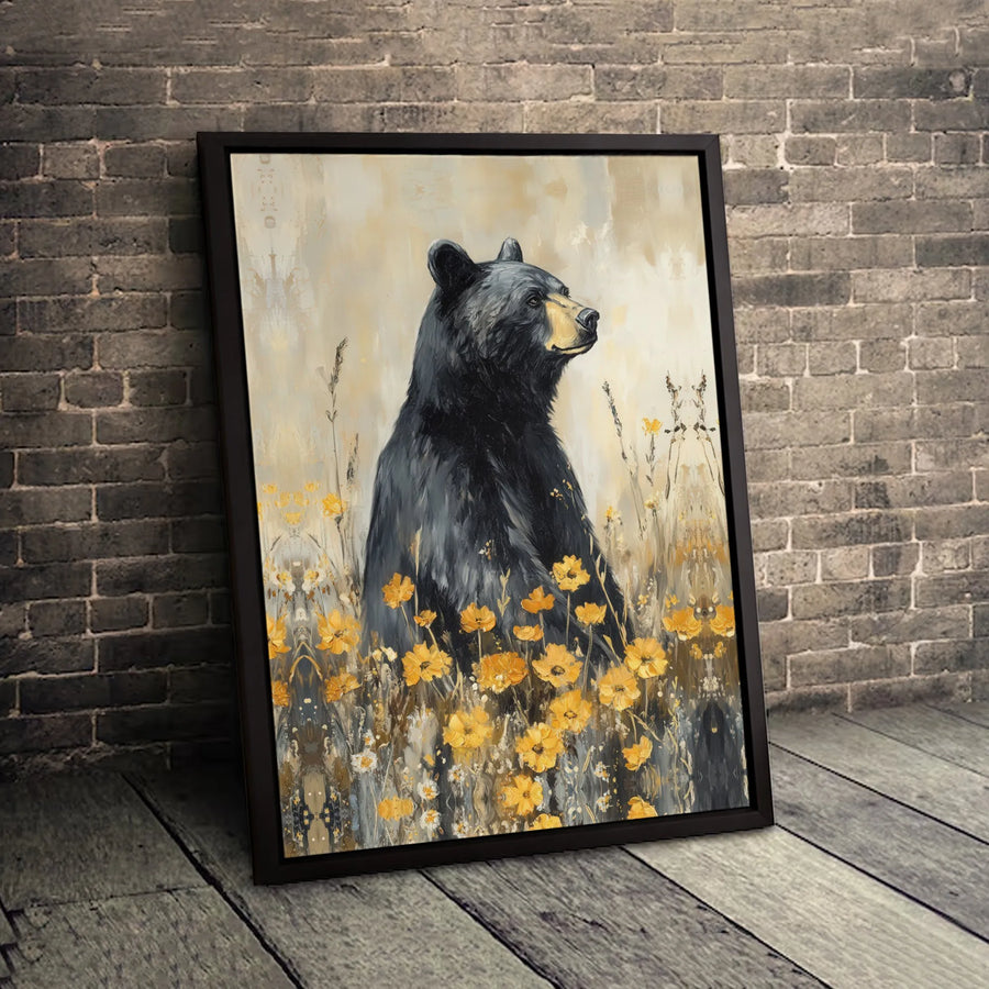 Black Bear Wall Art | Yellow Wildflower Meadow Print | 1.25" Premium Gallery Canvas | Wildlife Nature Decor for Cabin or Living Room