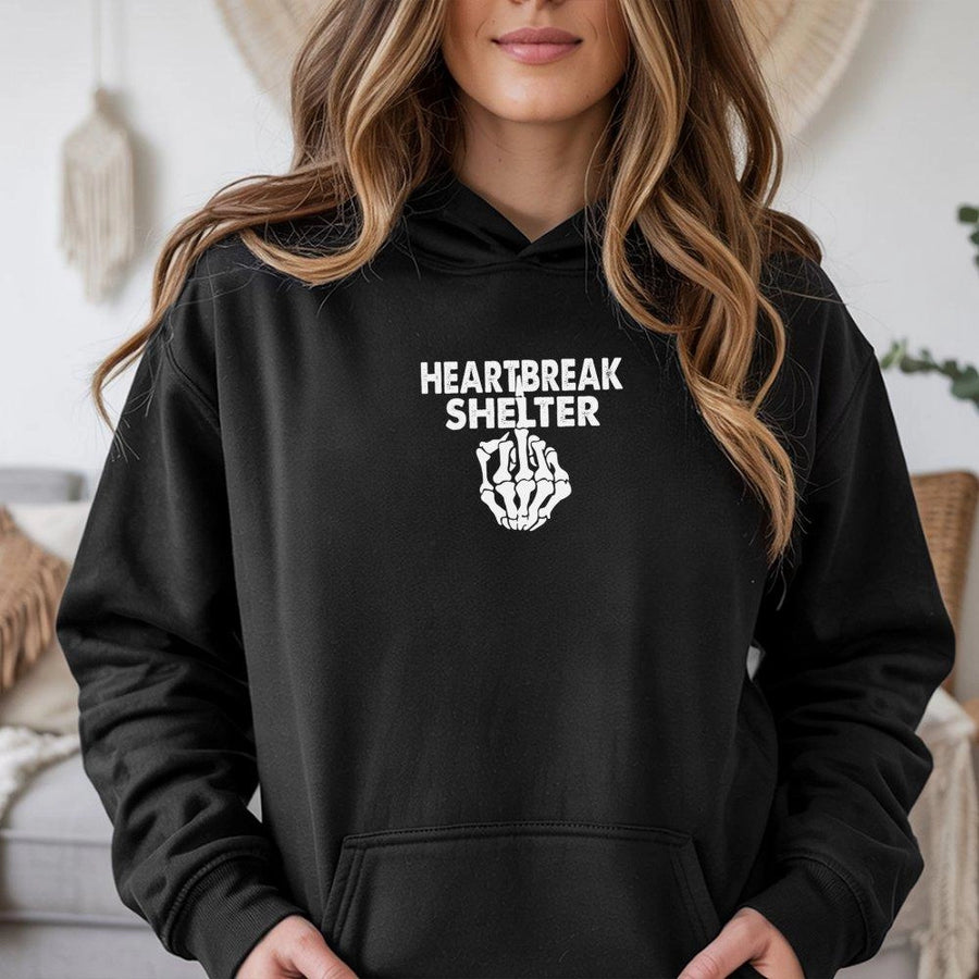 Heartbreak Shelter Skeleton Hand Hoodie | Edgy Y2K Aesthetic Graphic Print | Cotton-Poly Premium Blend | Gift For Him or Her Unisex Streetwear