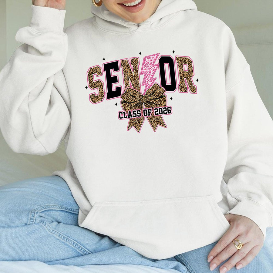 Senior Class Of 2026 Hoodie | Leopard Print Bow & Lightning Graphic | Premium Cotton Blend | Graduation Gift for Her