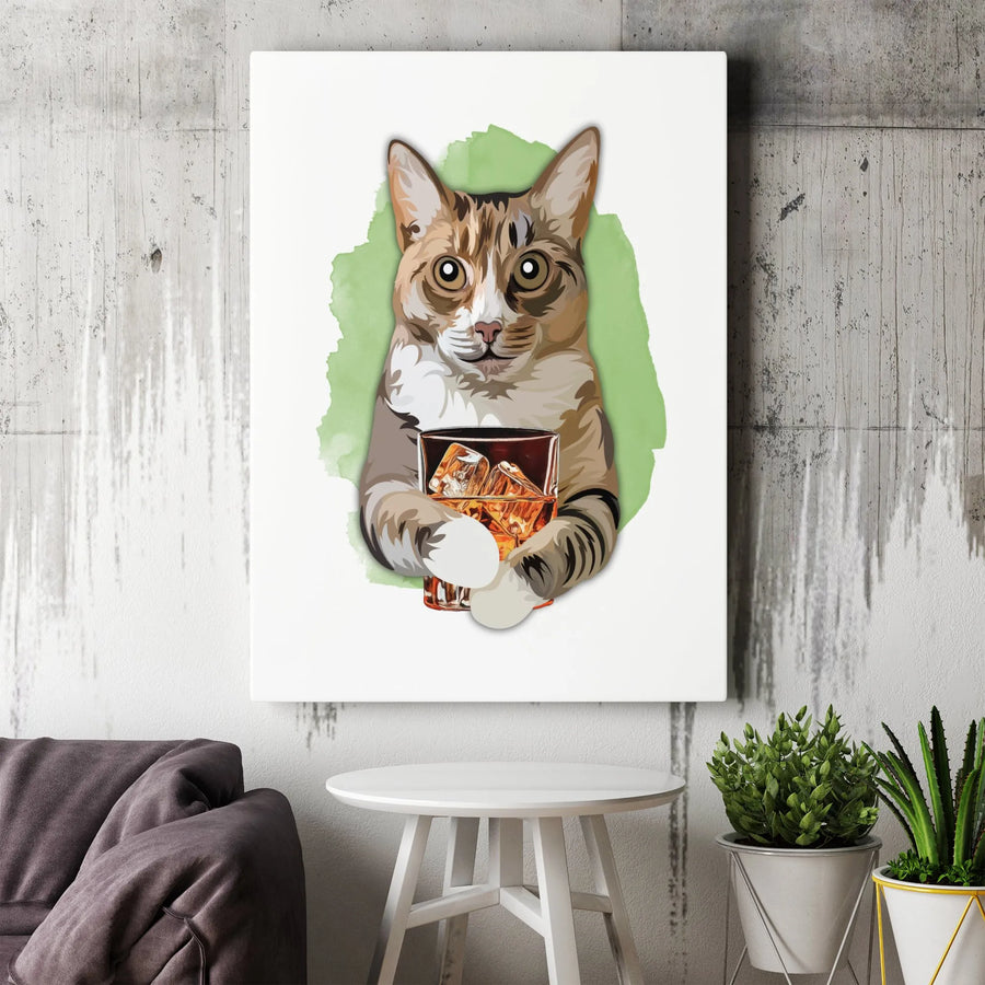 Tabby Cat Whiskey Canvas Wall Art | Funny Drinking Pet Portrait | Premium 1.25" Gallery Wrap | Gift for Cat Lovers & Bar Decor