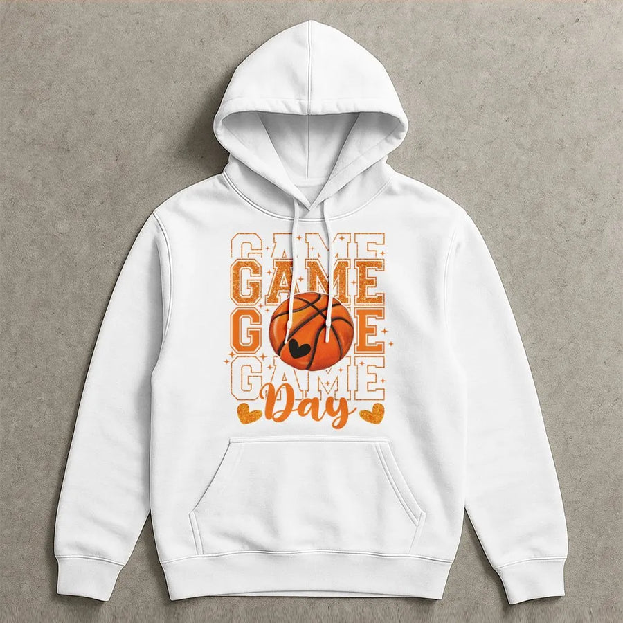 Game Day Basketball Hoodie | Glitter Heart Sports Graphic Design | Premium Cotton Blend | Gift for Basketball Mom & Fan