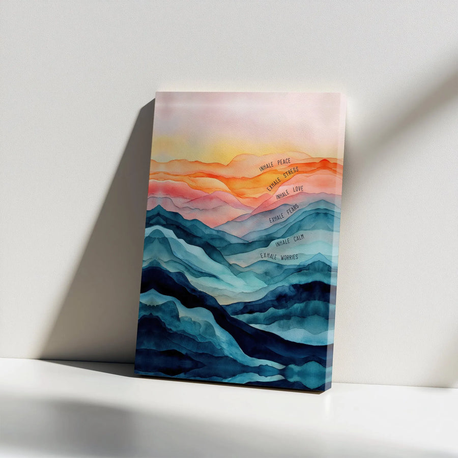 Mindfulness Canvas Wall Art | Watercolor Mountain Landscape with 'Inhale Exhale' Quote | Premium Gallery Wrapped Canvas | Zen Meditation Room Decor Gift