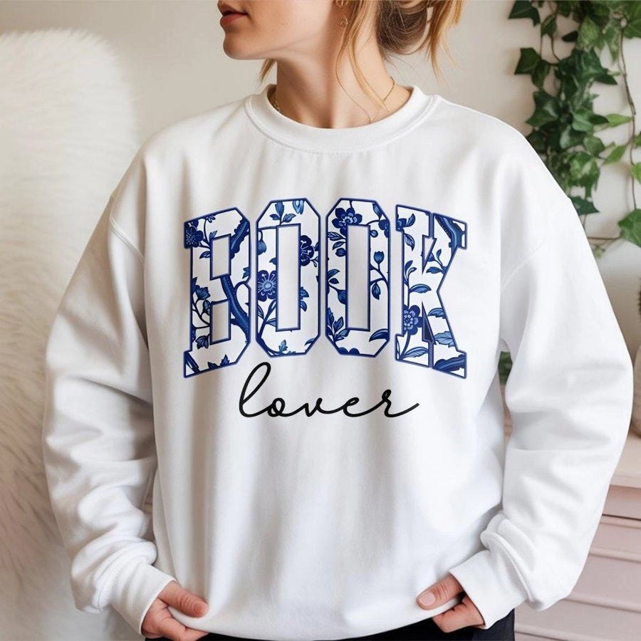 Book Lover Sweatshirt | Blue Chinoiserie Floral Lettering | Premium Soft Cotton Blend | Gift for Readers, Librarians and Teachers