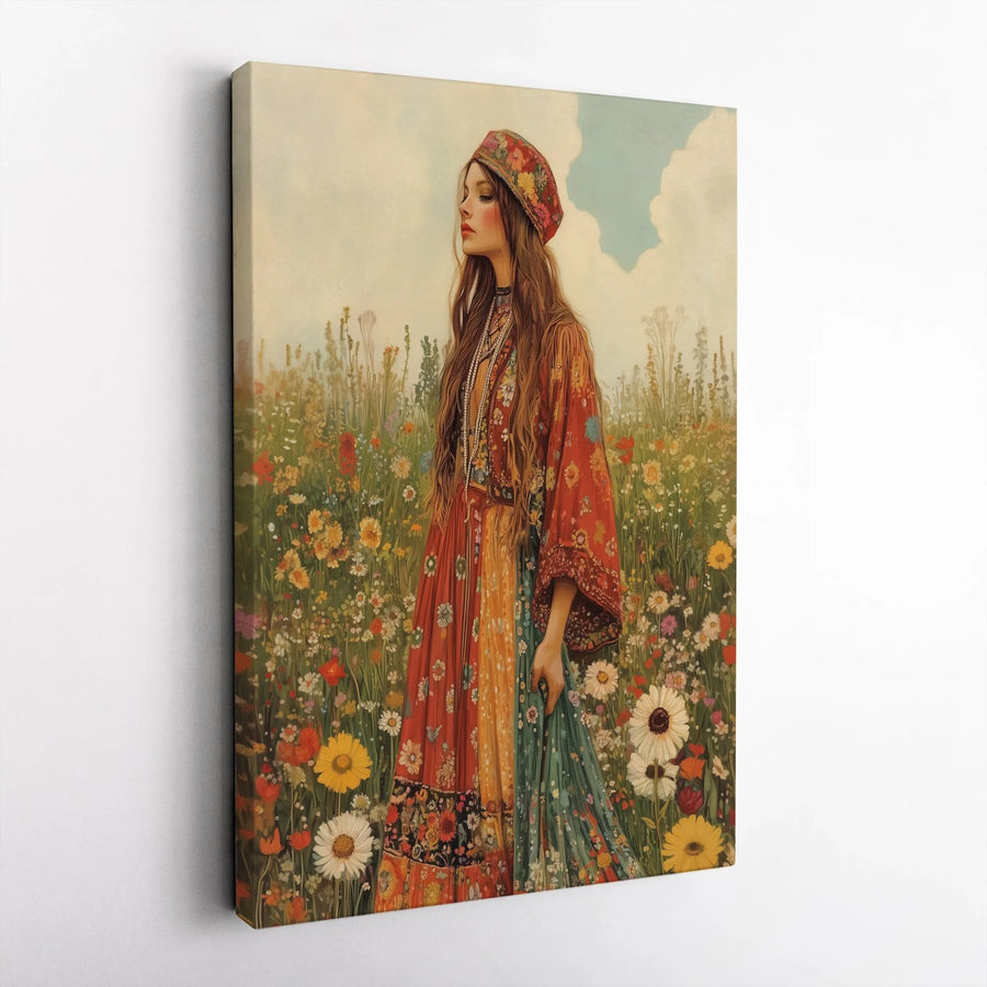 Bohemian Woman Wall Art | Wildflower Meadow Portrait Print | Premium 1.25-Inch Gallery Canvas | Boho Home Decor Gift
