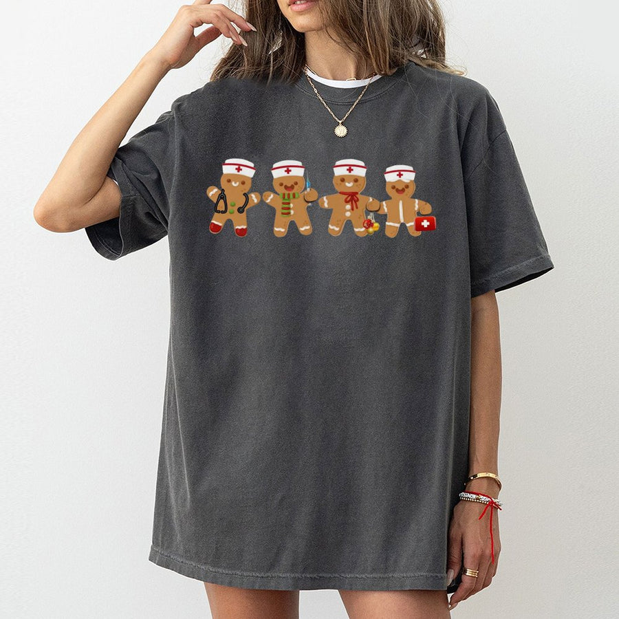Christmas Nurse T-Shirt | Cute Gingerbread Medic Cartoon Design | 100% Cotton Premium Crew Neck | Holiday Gift For Nurses and Nursing Students