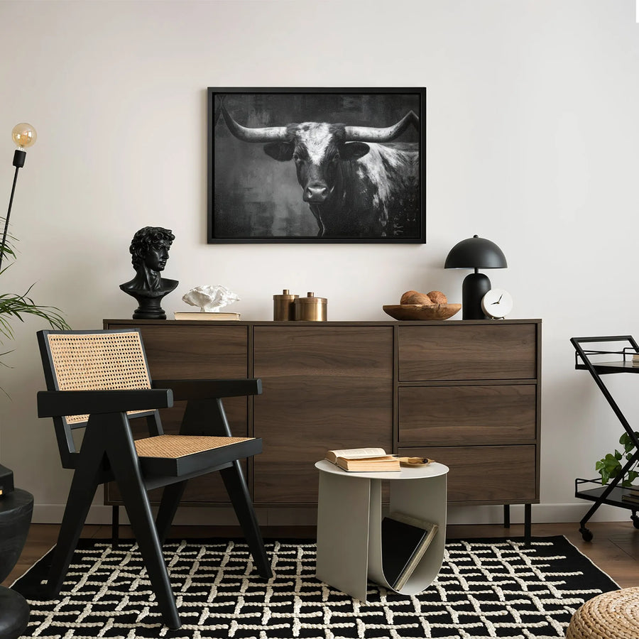 Texas Longhorn Bull Wall Art | Black And White Cattle Portrait | Premium 1.25-Inch Gallery Canvas | Modern Farmhouse Home Decor Gift