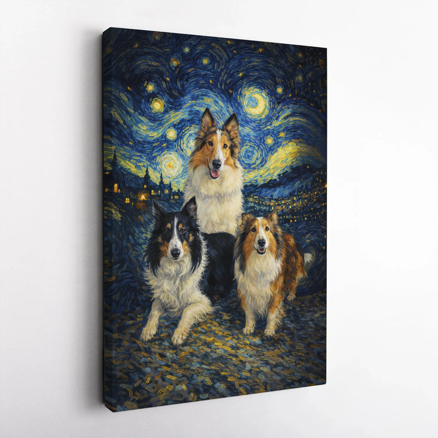Shetland Sheepdog Starry Night Canvas Art | Van Gogh Inspired Collie Trio Painting | Premium 1.25" Thick Canvas | Unique Gift for Dog Mom and Pet Lovers
