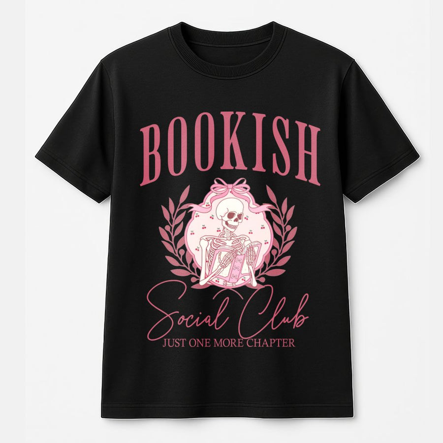 Bookish Social Club T-Shirt | Aesthetic Coquette Skeleton Reading Design | Premium 100% Cotton Tee | Gift for Bookworms and Literature Lovers