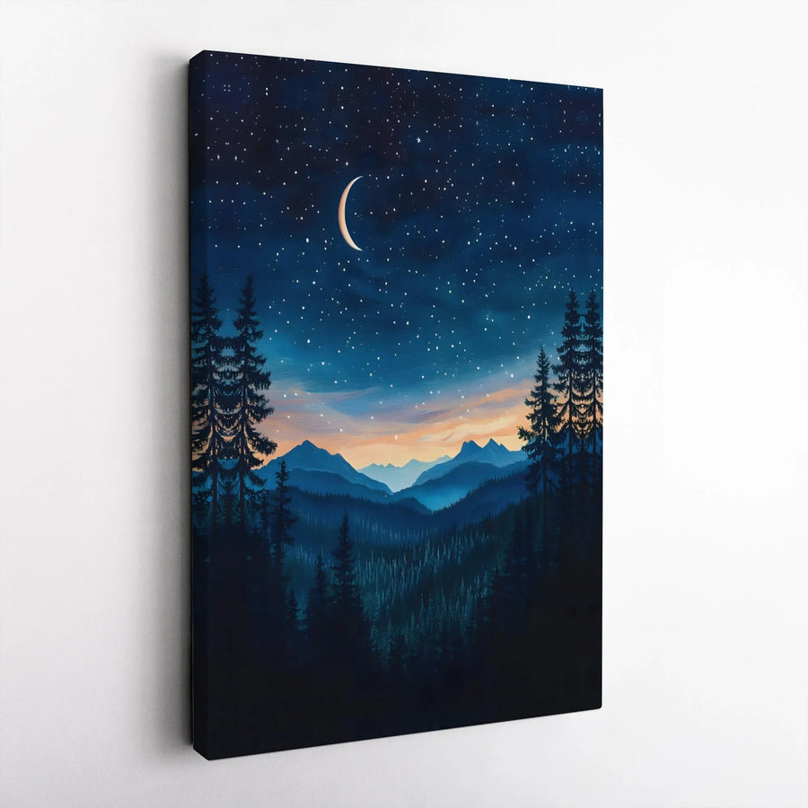 Mountain Night Sky Canvas Print | Crescent Moon & Starry Forest Scene | Premium Gallery Wrapped Art | Rustic Cabin Decor Gift for Nature Lovers