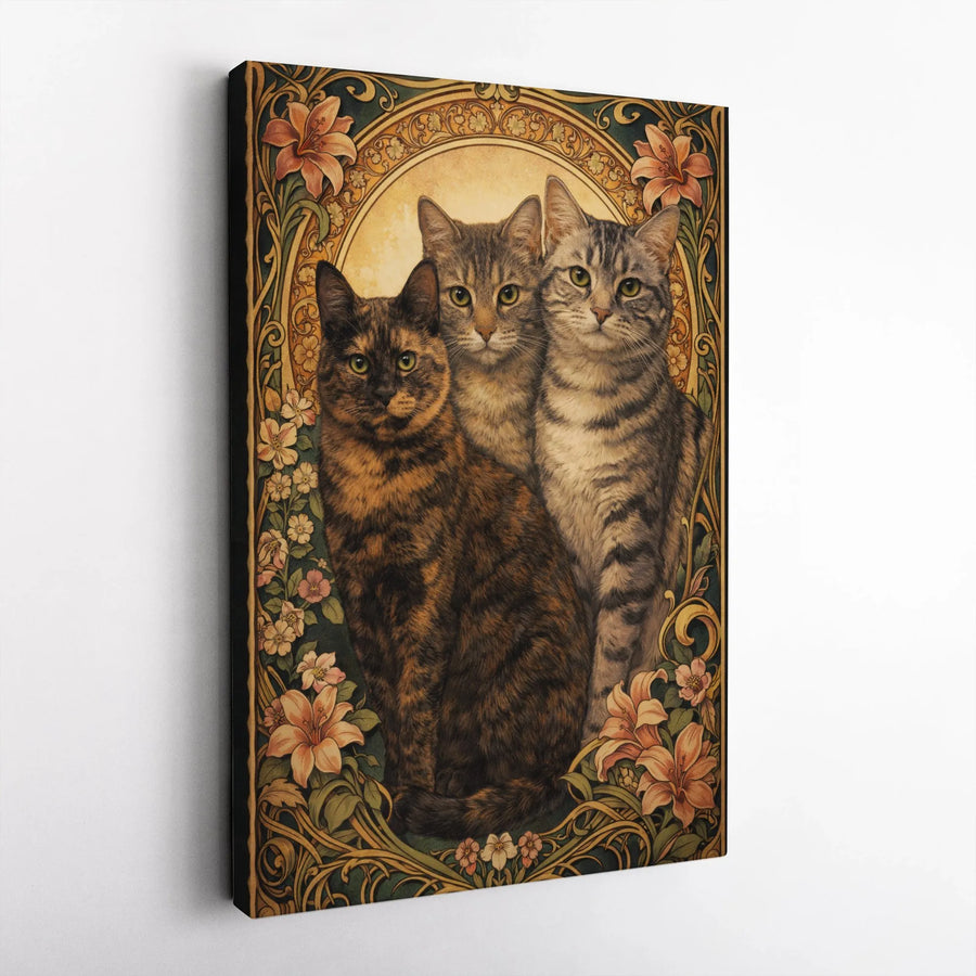 Art Nouveau Cat Canvas | Three Cats Floral Portrait Wall Art | Premium Canvas Print | Vintage Style Decor Gift for Cat Lovers