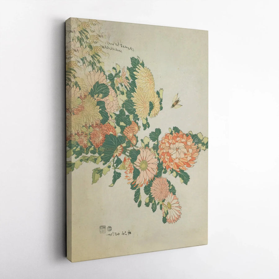 Japanese Chrysanthemum Canvas Wall Art | Vintage Botanical Bee Illustration | Premium Fade-Resistant Print | Elegant Home Office Decor Gift