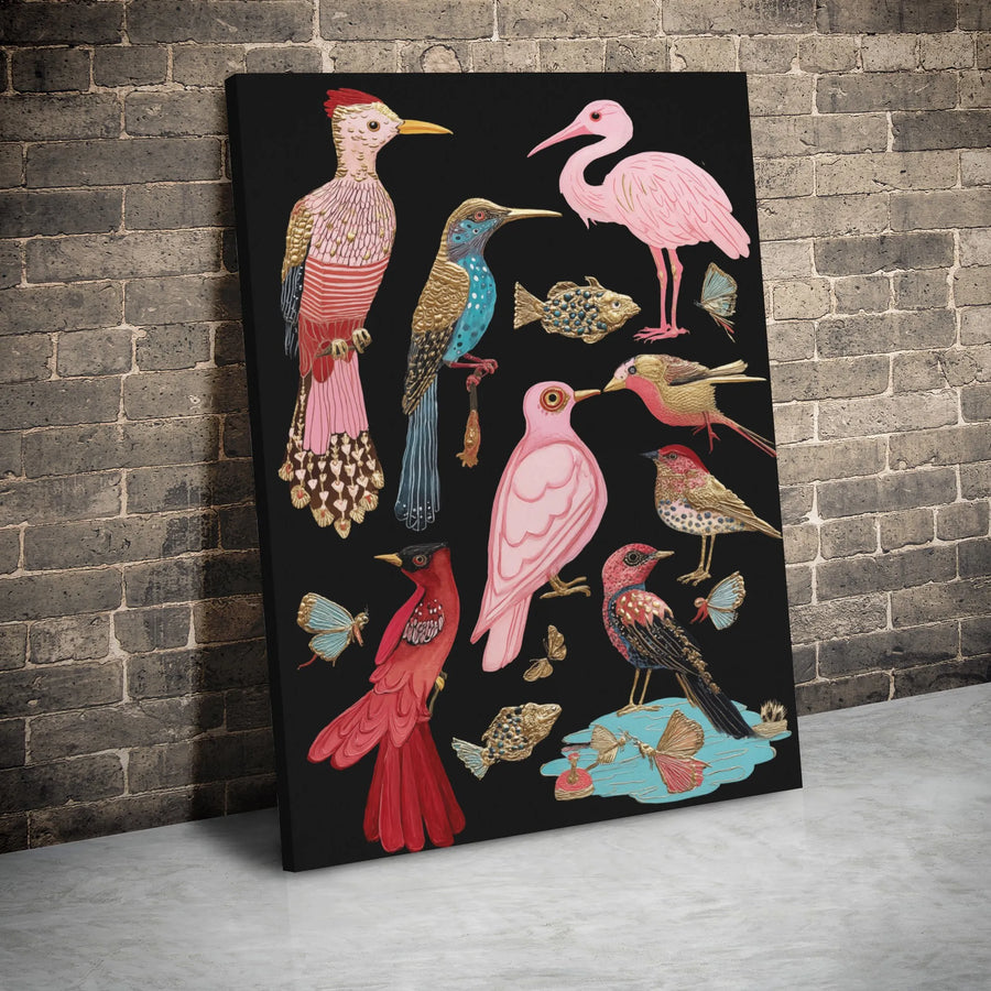 Colorful Bird and Butterfly Canvas Print | Botanical Illustration Wall Art | Premium Gallery-Wrap Decor | Nature Lover Gift Idea