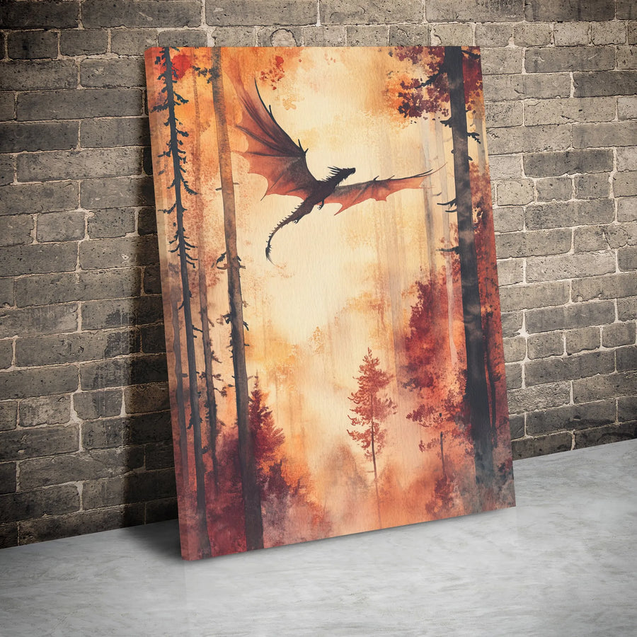 Dragon Canvas Wall Art | Watercolor Fantasy Autumn Forest Print | Premium Gallery Wrap Decor | Magical Gift for Fantasy Lovers