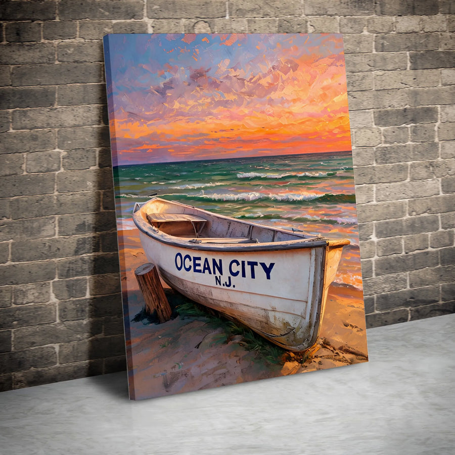 Ocean City NJ Canvas Wall Art | Impressionist Boat at Sunset Print | Premium Gallery Wrapped Canvas | New Jersey Beach House Decor Gift