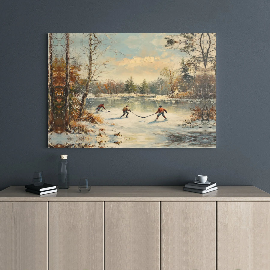 Vintage Hockey Art Canvas | Frozen Pond Winter Scene | Gallery Wrapped Premium Print | Sports Wall Decor for Hockey Fans