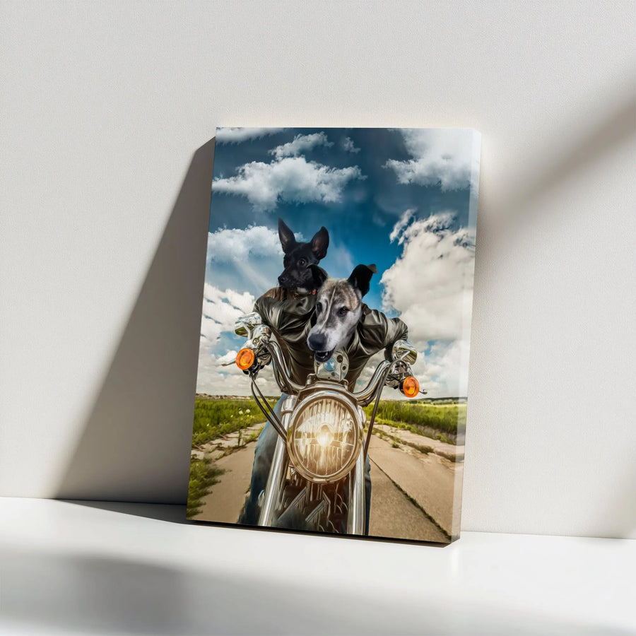 Dogs Riding Motorcycle Canvas Wall Art | Funny Biker Dogs in Leather Jackets | Gallery Wrap Premium Print | Unique Pet Lover Gift Decor